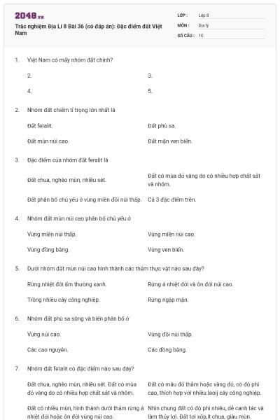 Trắc nghiệm Địa Lí 8 Bài 36 (có đáp án): Đặc điểm đất Việt Nam