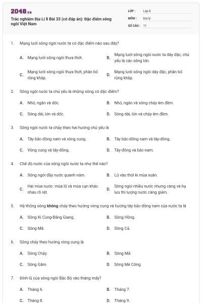 Trắc nghiệm Địa Lí 8 Bài 33 (có đáp án): Đặc điểm sông ngòi Việt Nam