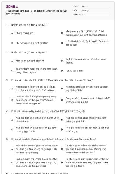Trắc nghiệm Sinh học 12 (có đáp án): Di truyền liên kết với giới tính (P1)