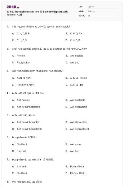 23 câu Trắc nghiệm Sinh học 10 Bài 6 (có đáp án): Axit nuclêic - ADN