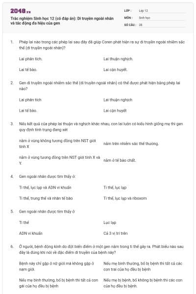 Trắc nghiệm Sinh học 12 (có đáp án): Di truyền ngoài nhân và tác động đa hiệu của gen
