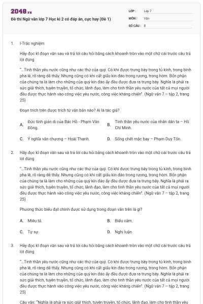 Đề thi Ngữ văn lớp 7 Học kì 2 có đáp án, cực hay (Đề 1)