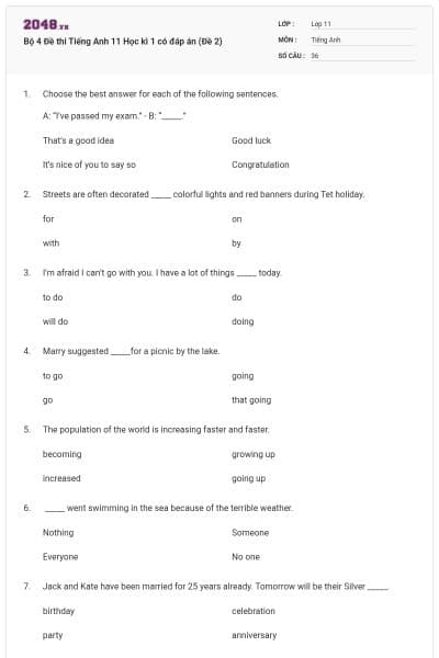 Bộ 4 Đề thi Tiếng Anh 11 Học kì 1 có đáp án (Đề 2)