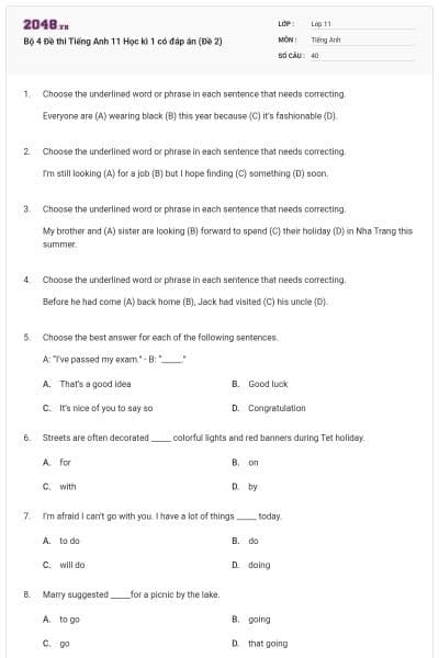 Bộ 4 Đề thi Tiếng Anh 11 Học kì 1 có đáp án (Đề 2)
