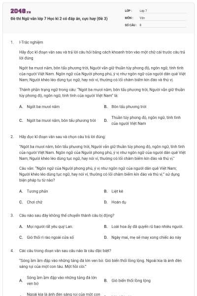 Đề thi Ngữ văn lớp 7 Học kì 2 có đáp án, cực hay (Đề 3)