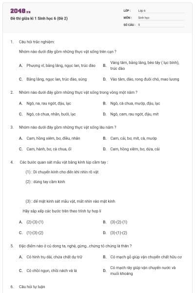 Đề thi giữa kì 1 Sinh học 6 (Đề 2)