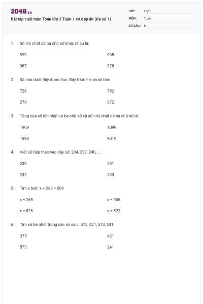 Bài tập cuối tuần Toán lớp 3 Tuần 1 có đáp án (Đề số 1)