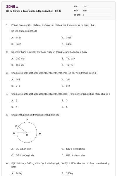 Đề thi Giữa kì 2 Toán lớp 3 có đáp án (cơ bản - Đề 4)