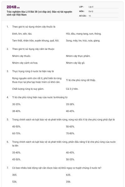 Trắc nghiệm Địa Lí 8 Bài 38 (có đáp án): Bảo vệ tài nguyên sinh vật Việt Nam
