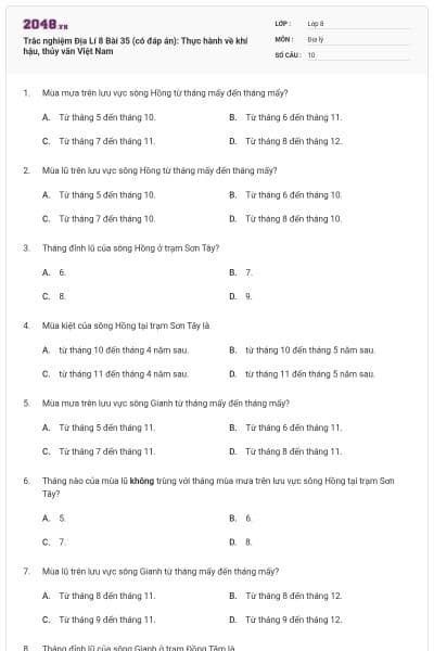 Trắc nghiệm Địa Lí 8 Bài 35 (có đáp án): Thực hành về khí hậu, thủy văn Việt Nam