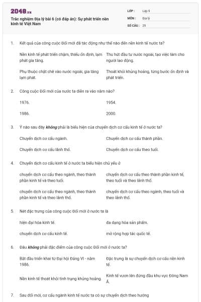 Trắc nghiệm Địa lý bài 6 (có đáp án): Sự phát triển nền kinh tế Việt Nam