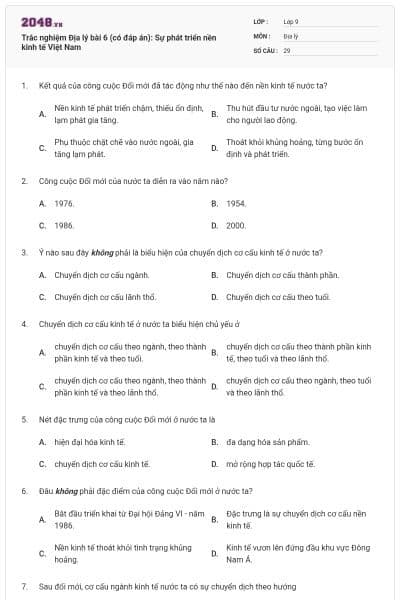 Trắc nghiệm Địa lý bài 6 (có đáp án): Sự phát triển nền kinh tế Việt Nam