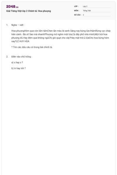 Giải Tiếng Việt lớp 2 Chính tả: Hoa phượng