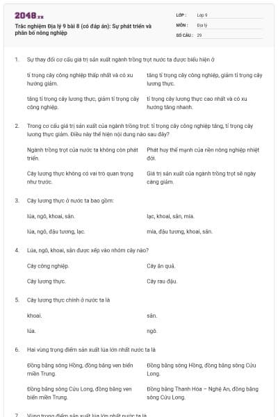 Trắc nghiệm Địa lý 9 bài 8 (có đáp án): Sự phát triển và phân bố nông nghiệp