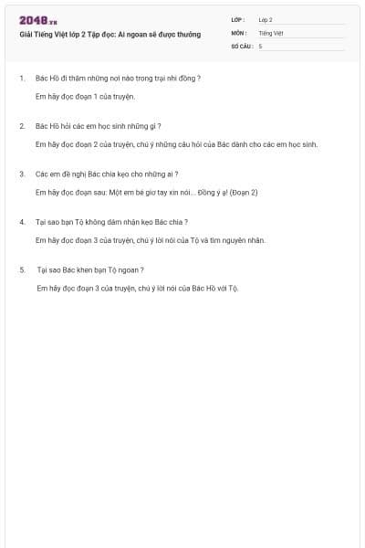 Giải Tiếng Việt lớp 2 Tập đọc: Ai ngoan sẽ được thưởng