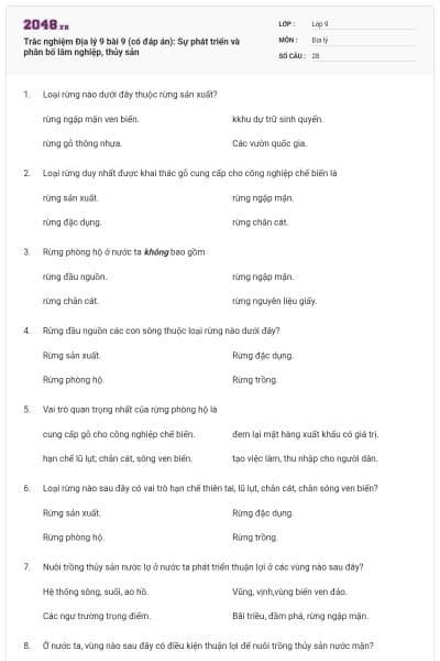 Trắc nghiệm Địa lý 9 bài 9 (có đáp án): Sự phát triển và phân bố lâm nghiệp, thủy sản