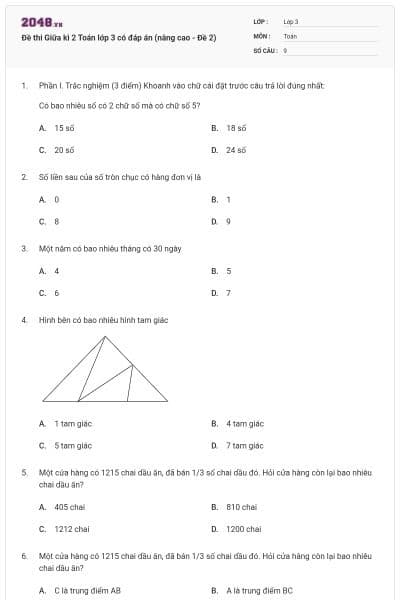 Đề thi Giữa kì 2 Toán lớp 3 có đáp án (nâng cao - Đề 2)