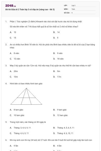 Đề thi Giữa kì 2 Toán lớp 3 có đáp án (nâng cao - Đề 3)