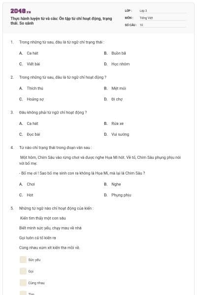 Thực hành luyện từ và câu: Ôn tập từ chỉ hoạt động, trạng thái. So sánh