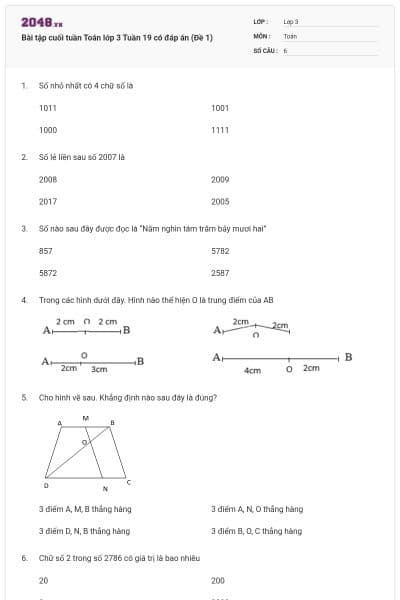 Bài tập cuối tuần Toán lớp 3 Tuần 19 có đáp án (Đề 1)