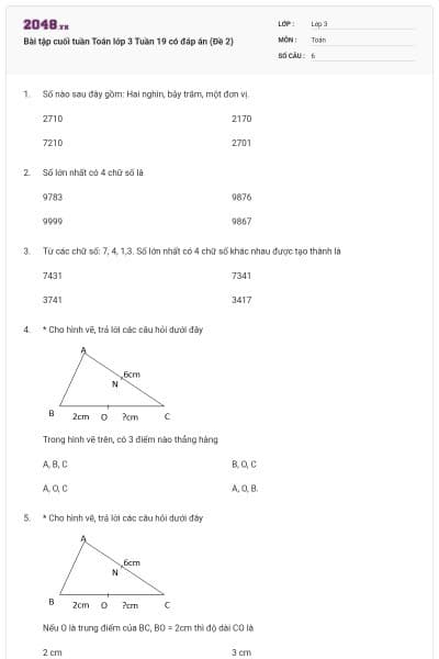 Bài tập cuối tuần Toán lớp 3 Tuần 19 có đáp án (Đề 2)