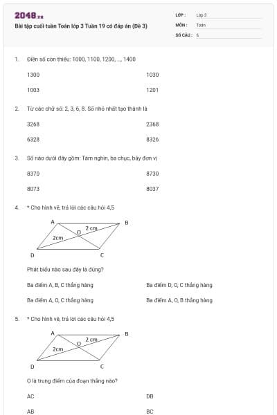 Bài tập cuối tuần Toán lớp 3 Tuần 19 có đáp án (Đề 3)