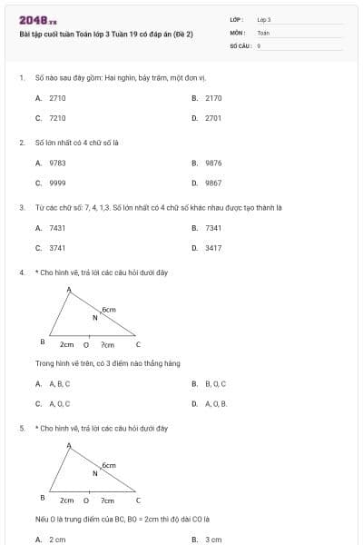 Bài tập cuối tuần Toán lớp 3 Tuần 19 có đáp án (Đề 2)