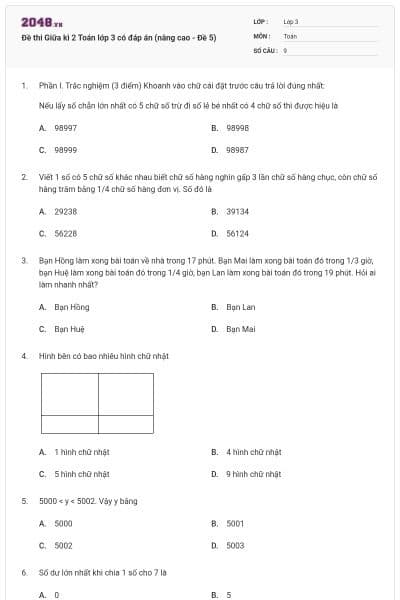 Đề thi Giữa kì 2 Toán lớp 3 có đáp án (nâng cao - Đề 5)