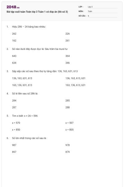 Bài tập cuối tuần Toán lớp 3 Tuần 1 có đáp án (Đề số 3)
