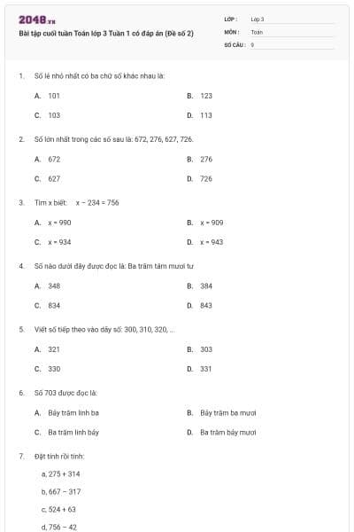 Bài tập cuối tuần Toán lớp 3 Tuần 1 có đáp án (Đề số 2)