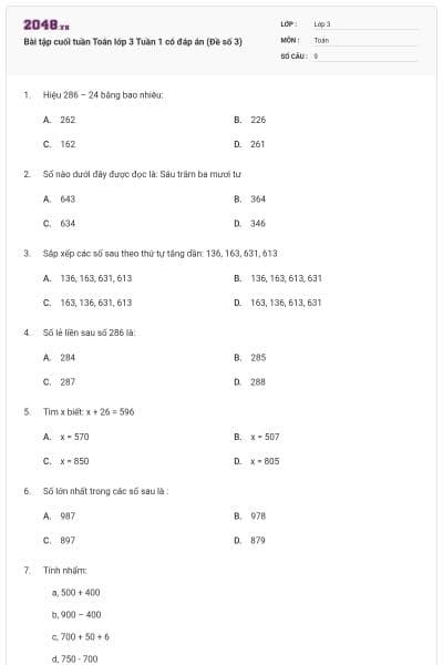 Bài tập cuối tuần Toán lớp 3 Tuần 1 có đáp án (Đề số 3)