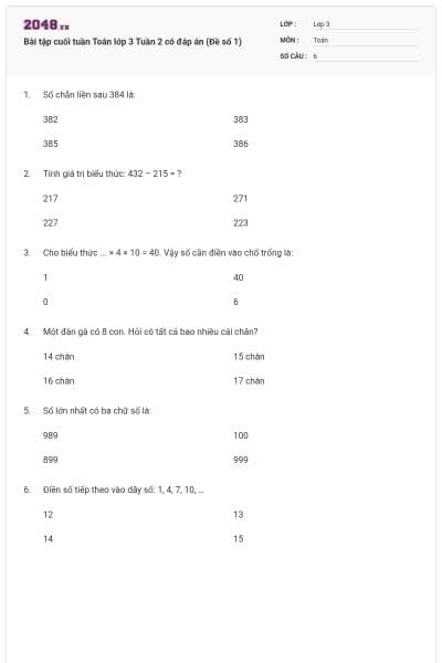 Bài tập cuối tuần Toán lớp 3 Tuần 2 có đáp án (Đề số 1)