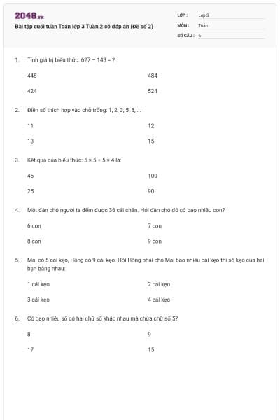 Bài tập cuối tuần Toán lớp 3 Tuần 2 có đáp án (Đề số 2)