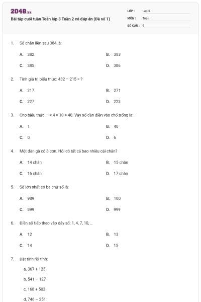 Bài tập cuối tuần Toán lớp 3 Tuần 2 có đáp án (Đề số 1)