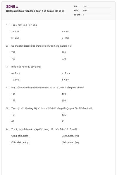 Bài tập cuối tuần Toán lớp 3 Tuần 2 có đáp án (Đề số 3)