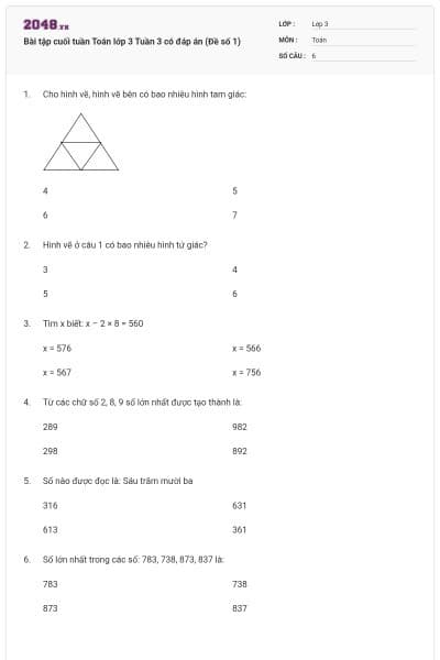 Bài tập cuối tuần Toán lớp 3 Tuần 3 có đáp án (Đề số 1)