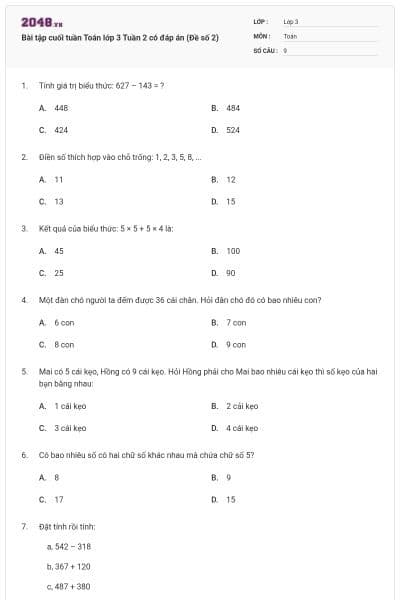 Bài tập cuối tuần Toán lớp 3 Tuần 2 có đáp án (Đề số 2)