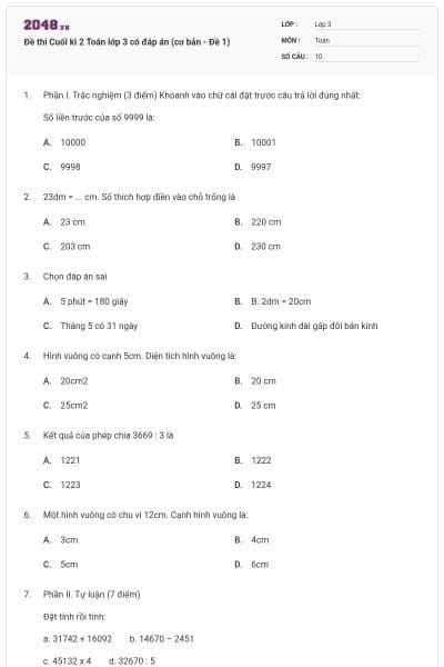 Đề thi Cuối kì 2 Toán lớp 3 có đáp án (cơ bản - Đề 1)