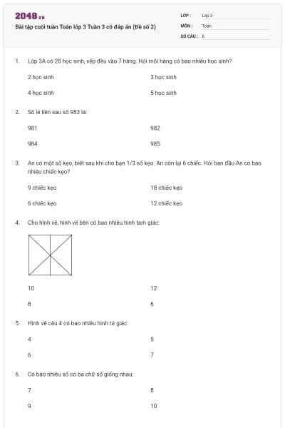 Bài tập cuối tuần Toán lớp 3 Tuần 3 có đáp án (Đề số 2)