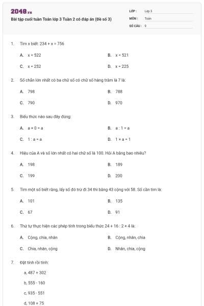 Bài tập cuối tuần Toán lớp 3 Tuần 2 có đáp án (Đề số 3)
