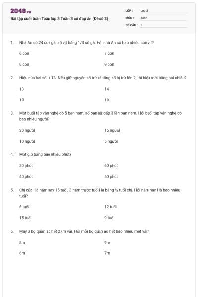 Bài tập cuối tuần Toán lớp 3 Tuần 3 có đáp án (Đề số 3)