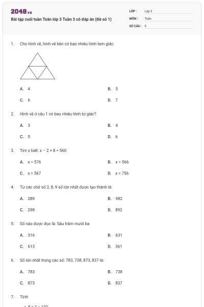 Bài tập cuối tuần Toán lớp 3 Tuần 3 có đáp án (Đề số 1)