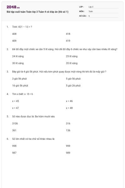 Bài tập cuối tuần Toán lớp 3 Tuần 4 có đáp án (Đề số 1)