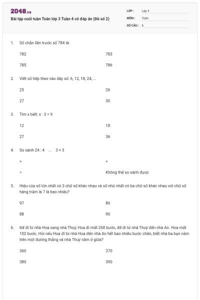 Bài tập cuối tuần Toán lớp 3 Tuần 4 có đáp án (Đề số 2)
