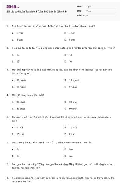 Bài tập cuối tuần Toán lớp 3 Tuần 3 có đáp án (Đề số 3)