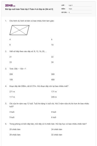 Bài tập cuối tuần Toán lớp 3 Tuần 4 có đáp án (Đề số 3)