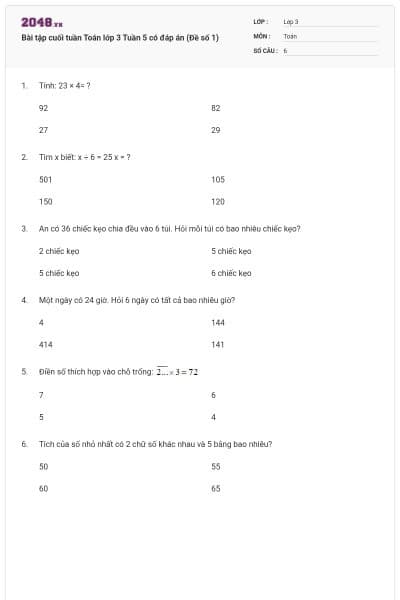 Bài tập cuối tuần Toán lớp 3 Tuần 5 có đáp án (Đề số 1)