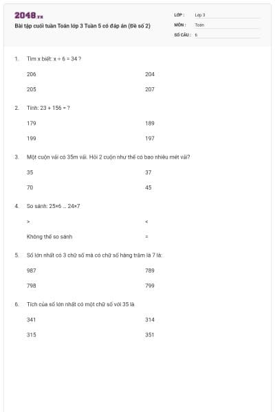 Bài tập cuối tuần Toán lớp 3 Tuần 5 có đáp án (Đề số 2)