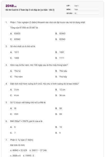 Đề thi Cuối kì 2 Toán lớp 3 có đáp án (cơ bản - Đề 2)