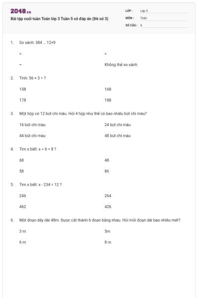 Bài tập cuối tuần Toán lớp 3 Tuần 5 có đáp án (Đề số 3)